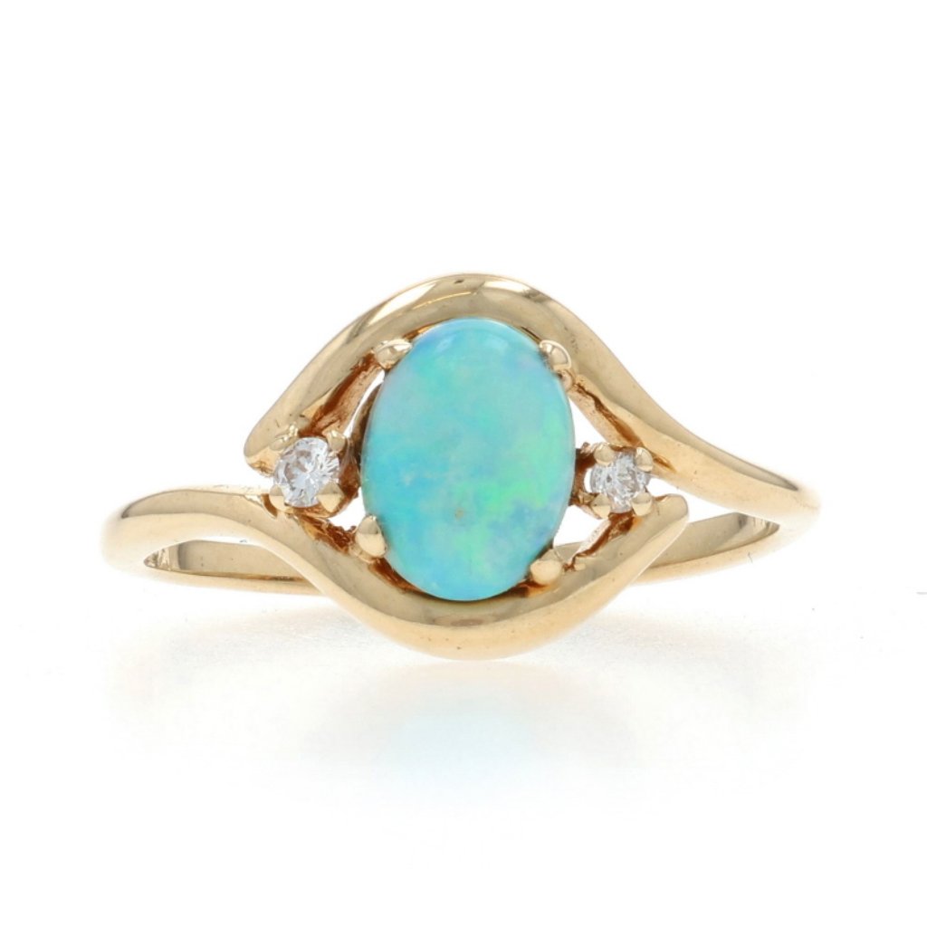Yellow Gold Australian Opal Diamond Ring - 14k Oval Cabochon .72ctw Bypass